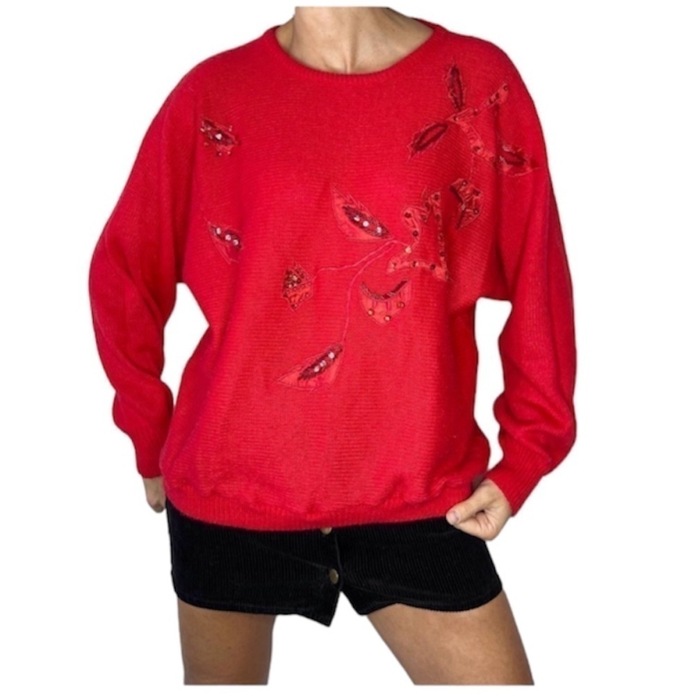 VINTAGE Red Floral Embroidered Dolman Sleeve Sweater 44 - Picture 3 of 9